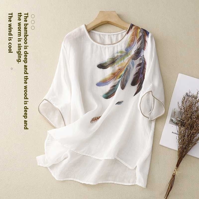 Loose Round Neck Twill Ramie Breathable Thin Printed Short Sleeve