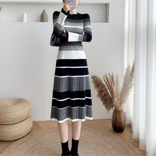 Elegant Striped Knitted Dress Women