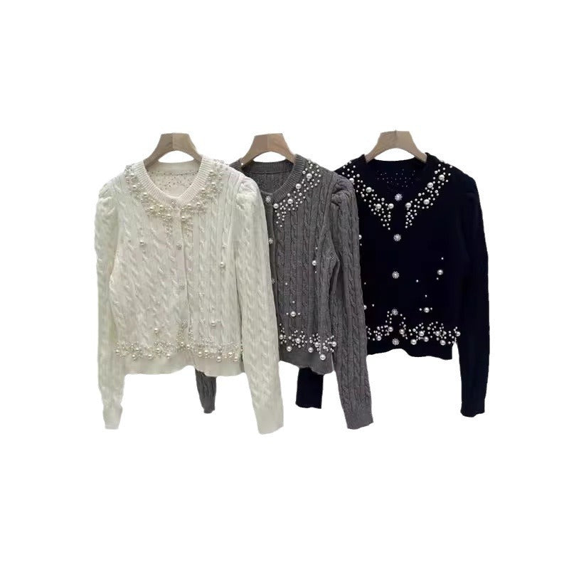 Heavy Industry Beaded Twist Bubble Long Sleeve Knitted Sweater Coat For Women