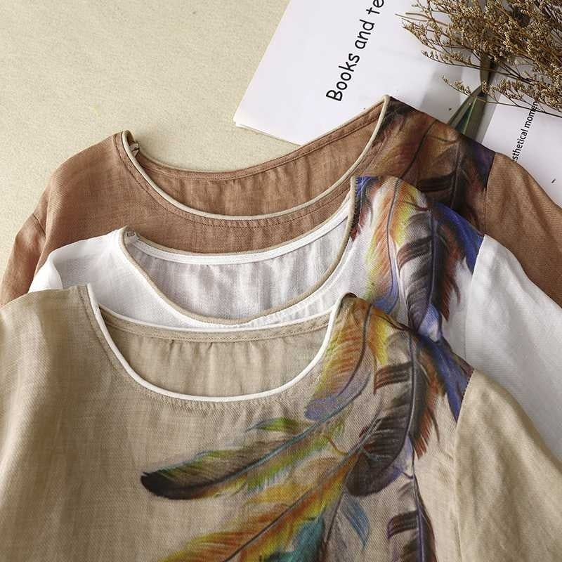 Loose Round Neck Twill Ramie Breathable Thin Printed Short Sleeve