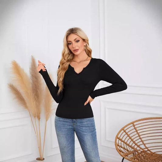 Women's Hot Sunken Stripe Deep U Crisscross Neckline Long-sleeved T-shirt Top