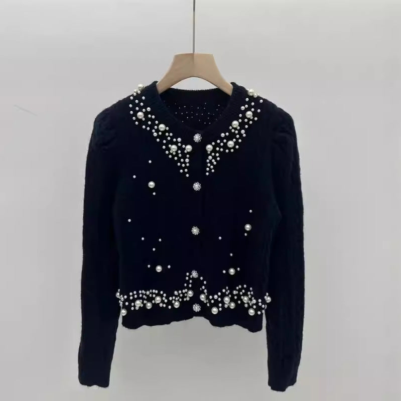 Heavy Industry Beaded Twist Bubble Long Sleeve Knitted Sweater Coat For Women