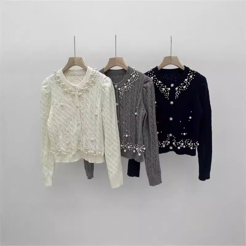 Heavy Industry Beaded Twist Bubble Long Sleeve Knitted Sweater Coat For Women