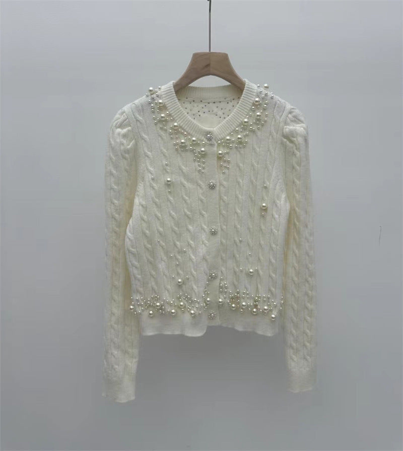 Heavy Industry Beaded Twist Bubble Long Sleeve Knitted Sweater Coat For Women