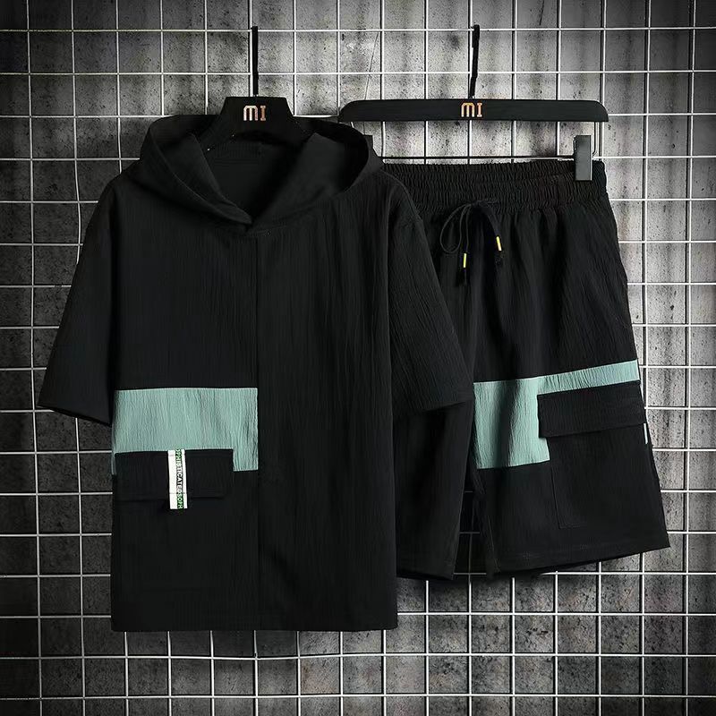 Men's New Hooded T-shirt Stretch Sports Loose Shorts Suit