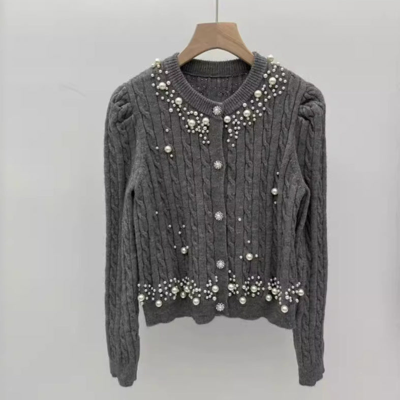 Heavy Industry Beaded Twist Bubble Long Sleeve Knitted Sweater Coat For Women