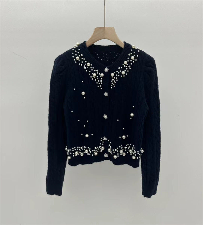 Heavy Industry Beaded Twist Bubble Long Sleeve Knitted Sweater Coat For Women