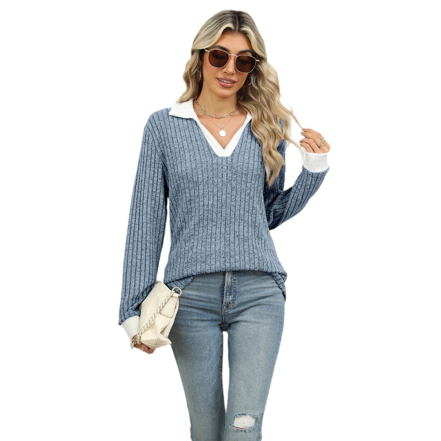 Lapel Long Sleeve Loose-fitting T-shirt Top Women