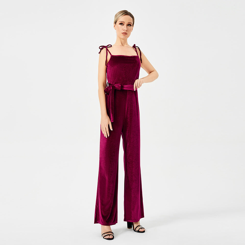 Women's New Halter Tie Velvet Jumpsuit