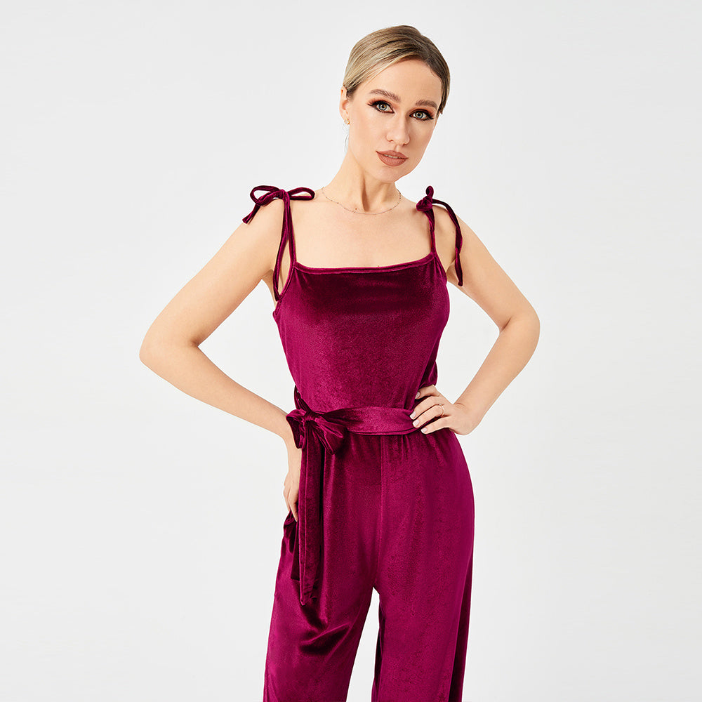 Women's New Halter Tie Velvet Jumpsuit