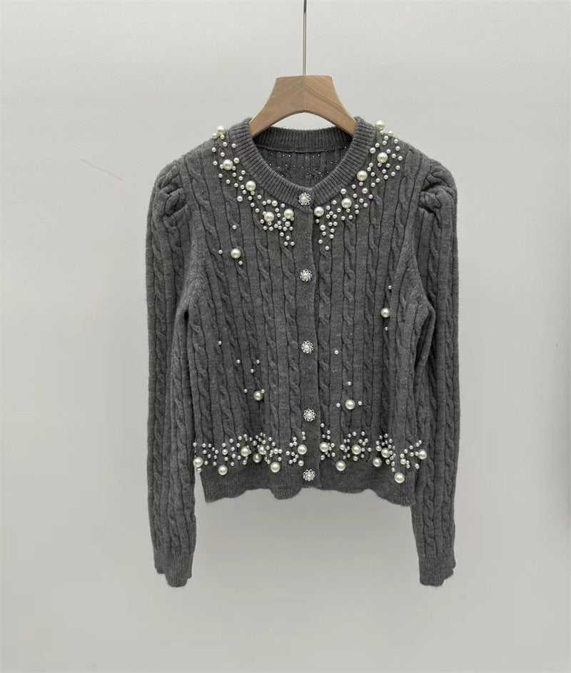 Heavy Industry Beaded Twist Bubble Long Sleeve Knitted Sweater Coat For Women